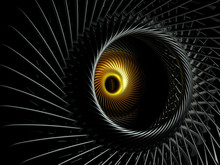 3d Render Of Abstract Part Of Aircraft Turbine Engine In Black Stainless Steel In The Center Golden Rotation Element