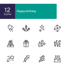 Poster - Happy birthday icon set. Line icons collection on white background. Firework, firecracker, gift. Celebration concept. Can be used for topics like holiday, party, surprise