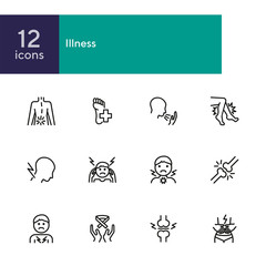 Sticker - Illness line icons. Set of line icons on white background. Pain, headache, bones. Healthcare concept. Vector illustration can be used for topics like medicine, surgery, healthcare