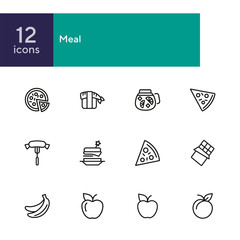 Sticker - Meal line icon set. Set of line icons on white background. Food concept. Pizza, lemonade, banana. Vector illustration can be used for topics like supermarket, cooking