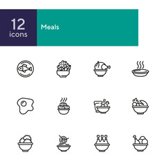 Sticker - Meals line icons. Set of line icons on white background. Cooking concept. Salad, fish, chicken. Vector illustration can be used for topics like kitchen, cooking, restaurants