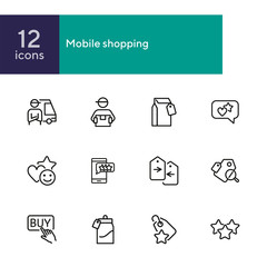 Poster - Mobile shopping line icon set. Set of line icons on white background. Paper packet, mark, star. Online shopping concept. Vector illustration can be used for topics like technology, apps