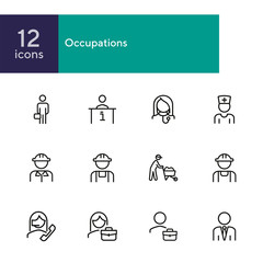 Sticker - Occupations line icon set. Set of line icons on white background. Businessman, construction worker, doctor. Working concept. Vector illustration can be used for topics like career, professional growth