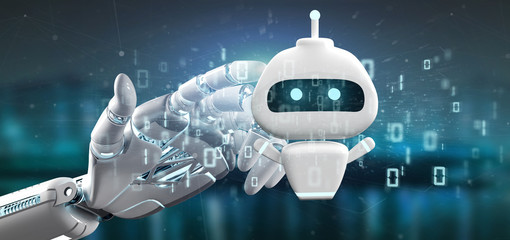 Cyborg hand holding Chatbot with binary code 3d rendering