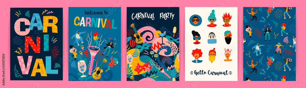 Hello Carnival. Vector set of illustrations for carnival concept and other use. - obrazy, fototapety, plakaty 
