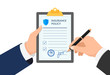 © Azat Valeev - Insurance agent hand holding clipboard with policy form and businessman signs agreement protection document. Make deal protection compensation contract vector illustration