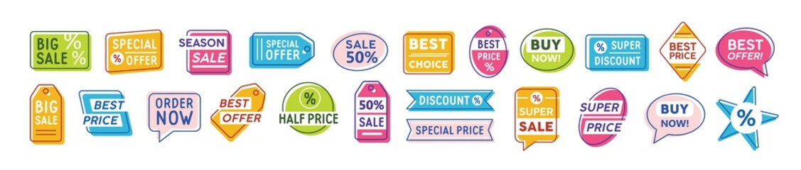 Special offer badges vector set. Best offer, buy now, special price colorful icons collection. Super discount, half price. Marketing labels and stickers isolated on white background pack.