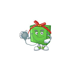 Poster - Green gift box cartoon mascot style in a Doctor costume with tools