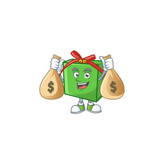 Wall Mural - Cute green gift box cartoon character smiley with money bag