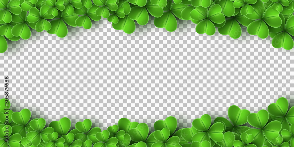 Banner for Saint Patricks Day. Realistic green clovers isolated on transparent background. Vector illustration - obrazy, fototapety, plakaty 