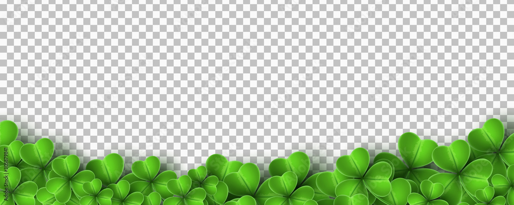 Realistic green clovers isolated on transparent background. Saint Patricks Day. Vector illustration - obrazy, fototapety, plakaty 