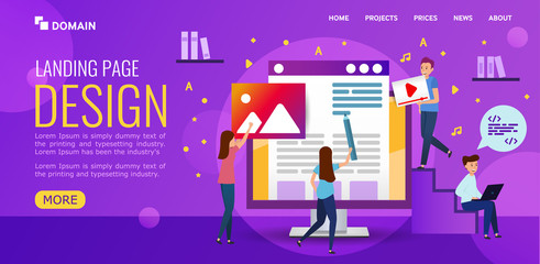 Wall Mural - illustration design landing page. web design studio develops website design. people draw, code the s