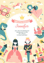 Princess Party Birthday Invitation With Template For Text. Cute Vertical Postcard, Banner For Baby Girl With Castle, Prince, Princess, Fairy, Unicorn, Dog, Dragon, Crown