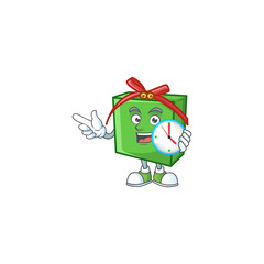 Sticker - With clock smiling green gift box cartoon mascot style