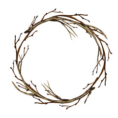 watercolor easter wreath. spring tree branch hand drawn frame, illustration. isolated design element