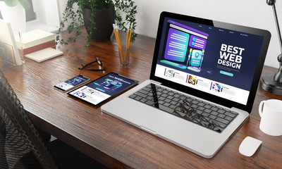 Wall Mural - devices best web design on wooden desktop