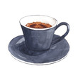 Cup of coffee. watercolor hand drawn espresso in black porcelain cup isolated on white background.