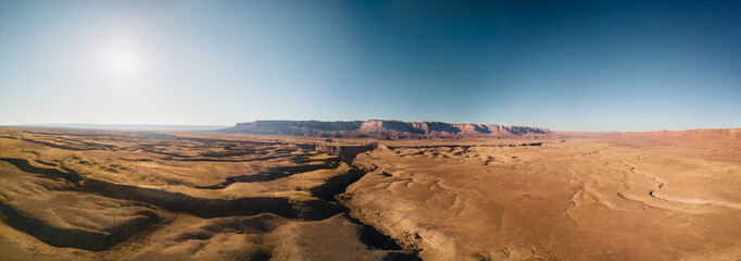 Poster - Panoramic drone view of an incised meander of the Colorado River next to the famous Horse Shoe Bend near the town of Page Arizona United States