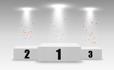Wall Mural - realistic podium or winners platform. pedestal with confetti on a white background.