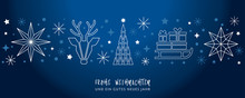 Weihnachtsgruss Blauer Hintergrund - Sterne, Weihnachtsbaum, Rentier Und Geschenke Auf Schlitten - Deutsch