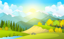 Vector Illustration Of Beautiful Summer Fields Landscape With A Dawn, Green Hills, Bright Color Blue Sky, Country Background In Flat Cartoon Style Banner