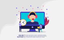 Illustration Concept Of Online Support, Customer Support, Female Hotline Operator Advises Client, Online Global Technical Support 24/7, Customers And Operator, Solving Problem.