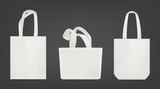 Fototapeta  - Tote shopping canvas bags. Vector mockup of realistic white reusable cotton ecobags different shapes isolated on gray background.