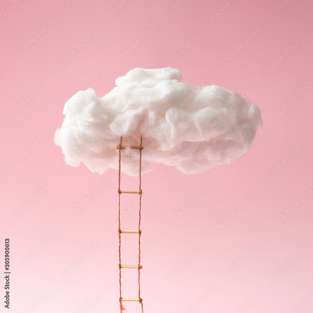 Step ladder leading to clouds . Growth, future, development concept. Minimal pink compostition. - obrazy, fototapety, plakaty 