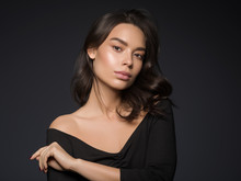 Beautiful Asian Woman Black Dress Healthy Skin Natural Makeup