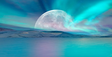 Northern Lights (Aurora Borealis) In The Sky With Super Full Moon - Tromso, Norway "Elements Of This Image Furnished By NASA"