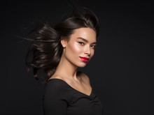 Beautiful Asian Woman Red Lipstick Black Dress Healthy Skin Natural Makeup