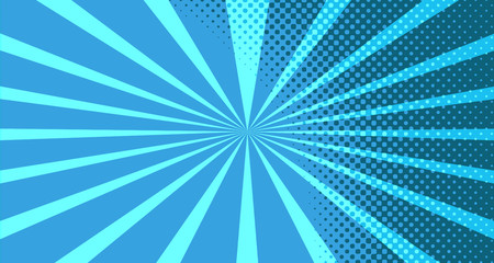 Vintage colorful comic book background. Blue blank bubbles of different shapes. Rays, radial, halftone, dotted effects. For sale banner for your designe 1960s. With copy space eps10.