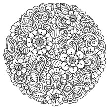 Outline Round Flower Pattern In Mehndi Style For Coloring Book Page. Antistress For Adults And Children. Doodle Ornament In Black And White. Hand Draw Vector Illustration.