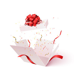 Poster - Open gift box with red bow and confetti burst explosion isolated. 3d vector background.