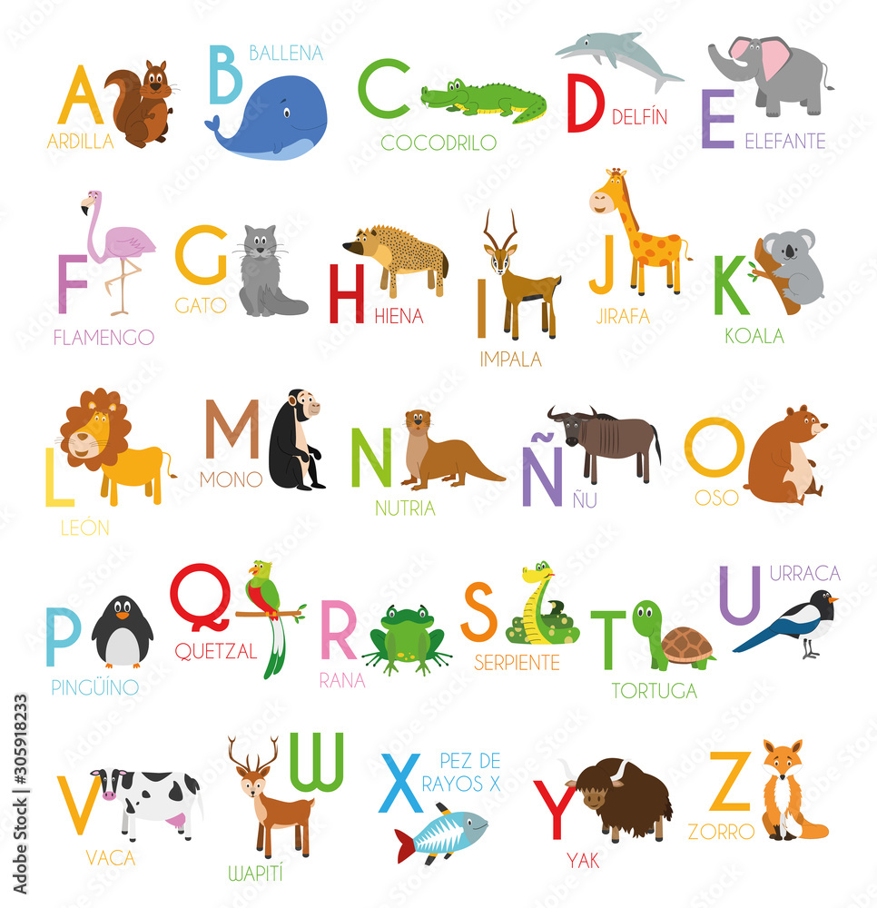Cute cartoon zoo illustrated alphabet with funny animals. Spanish ...