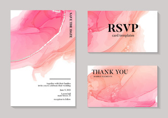 Wedding pink watercolor shapes, Save the date liquid flow decorated with golden glitter  line and sparkles, RSVP card, thank you greeting, beautiful holiday invitation, minimal art, dynamic shape