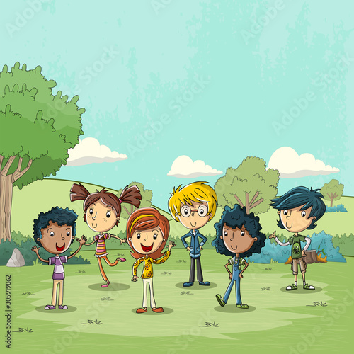 Green park landscape with cute cartoon Children.