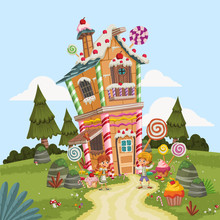 Hansel And Gretel In Front Of The Candy House. Classic Children Fairy Tale.