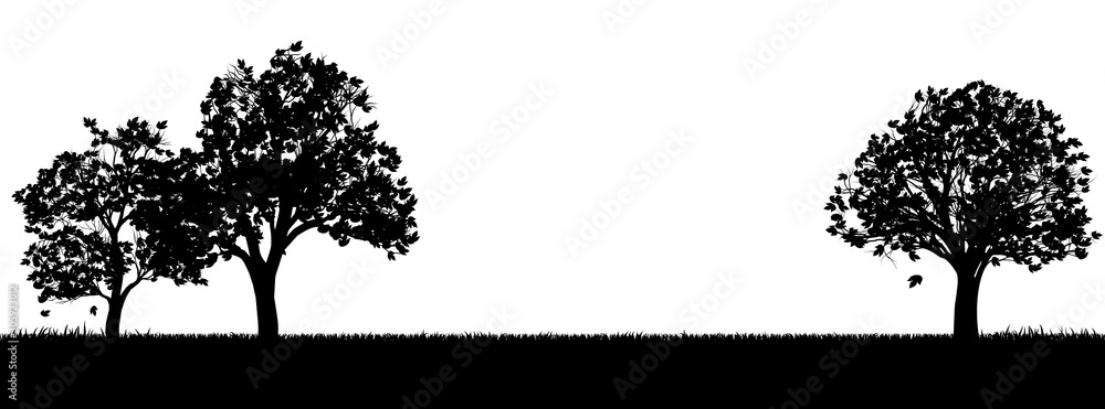 A field of grass or park and trees in silhouette background design element - obrazy, fototapety, plakaty 