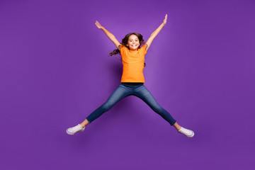 Poster - Full length body size view of nice attractive lovely cute cheerful cheery wavy-haired girl jumping having fun spring time isolated on lilac purple violet pastel color background