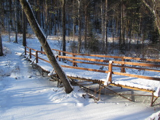 Wall Mural - Wooden bridge over the forest river. Winter forest landscape. Rustic snow background. A frozen river in the snow in the forest. Wooden bridge in the snow.