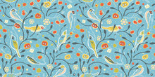 Vintage Apple Tree And Bird On Light Blue Dotted Background. Seamless Vector Pattern. Perfect For Fabric, Wallpaper, Giftwrap Or Postcard Design