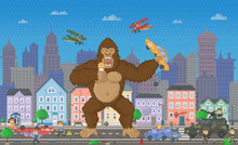 Pixel Art Game With Monster Eating Citizens And Cars. 8 Bit Retro Arcade, Police And Fighting People Shooting At Gorilla. Cityscape With Skyscrapers And Buildings. Playing Process Vector In Flat
