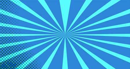 Vintage colorful comic book background. Blue blank bubbles of different shapes. Rays, radial, halftone, dotted effects. For sale banner for your designe 1960s. With copy space eps10.