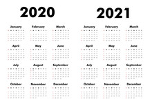 Vector Calendar On 2020, 2021 Years. Week Starts Sunday. 