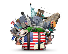 Suitcase With American Flag On The Background Of USA Landmarks