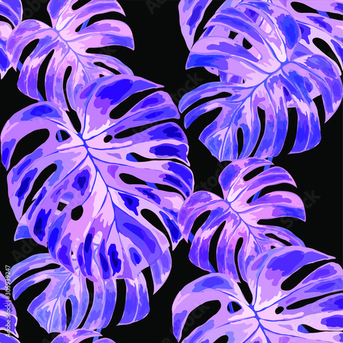 Seamless pattern with tropical leaves. Hand drawn exotic plants. Summer natur...