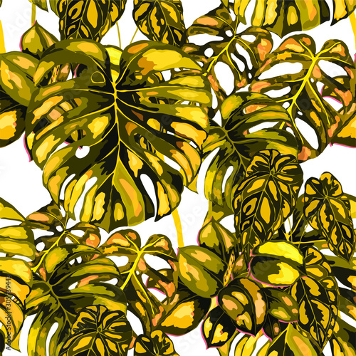 Seamless pattern with tropical leaves. Hand drawn exotic plants. Summer natur...