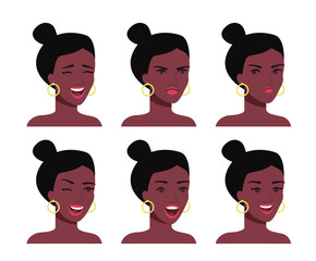 Wall Mural - Set of afro american woman emotion. Vector flat style illustration