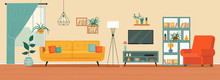 Living Room Interior. Comfortable Sofa, TV,  Window, Chair And House Plants. Vector Flat Illustration